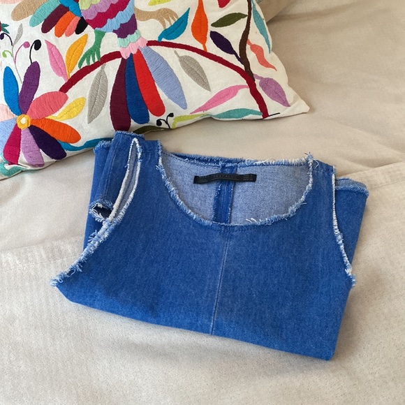 ZARA trafaluc short denim swinger crop top sleeveless blue size L raw hem - Picture 10 of 10